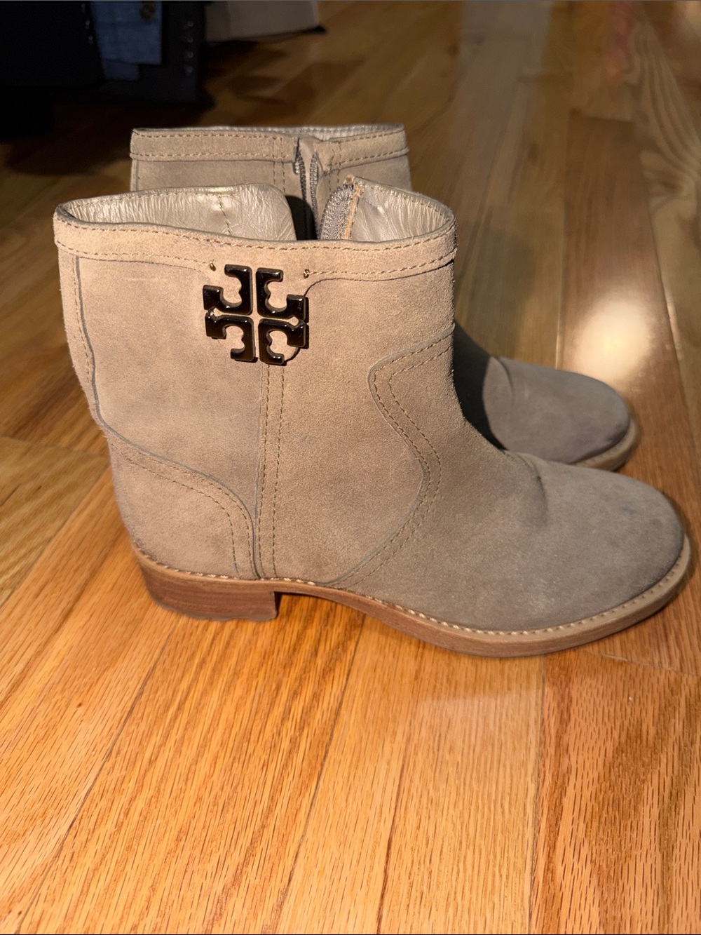 Tory Burch Taupe Suede Ankle Boots with Logo Plaque